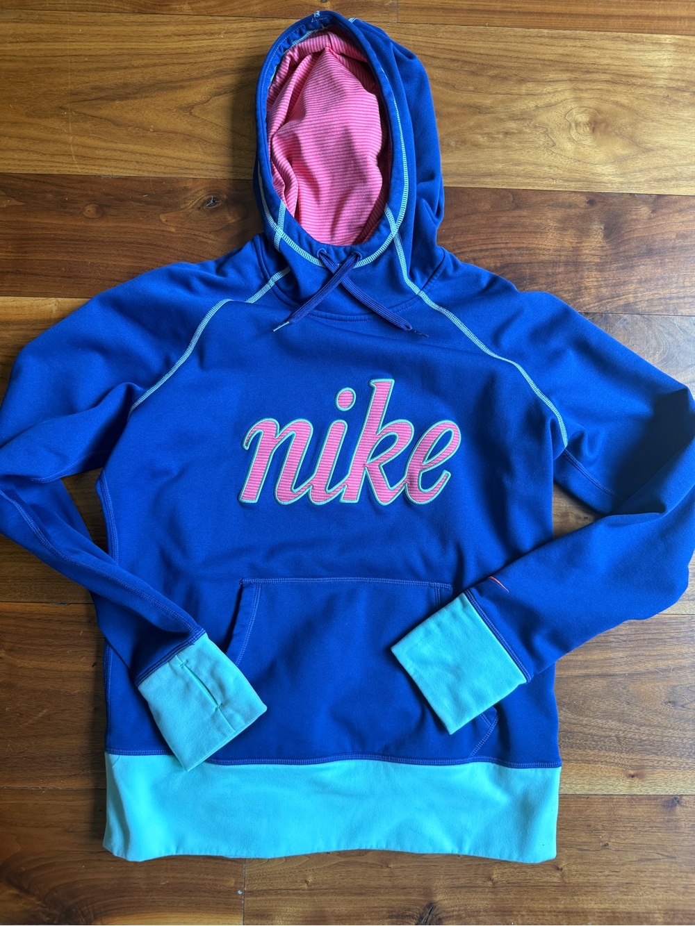 Nike Women's Blue Hoodie with Pink Logo and Light Blue Trim